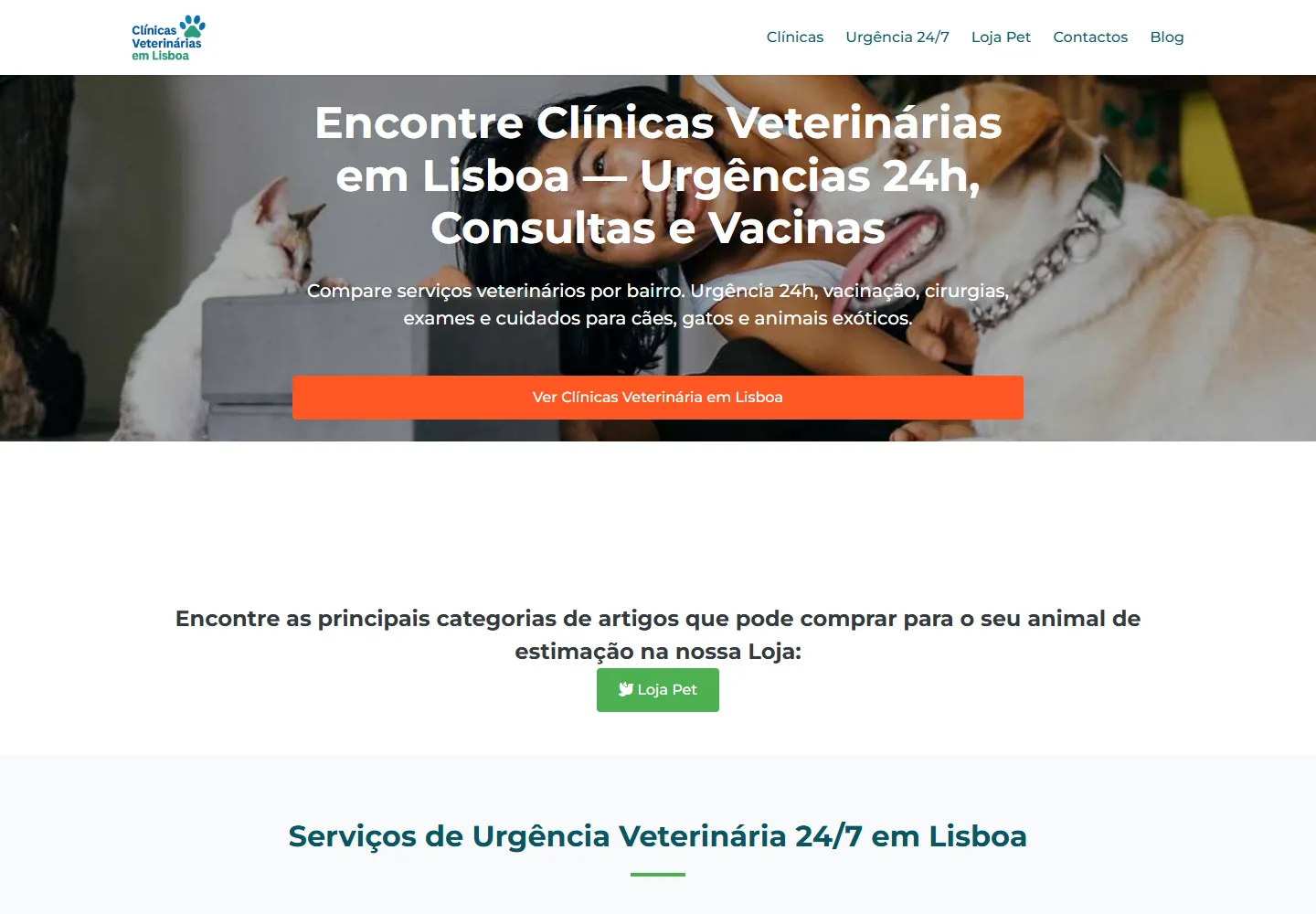 Screenshot desktop do diretório Clínicas Veterinárias em Lisboa.